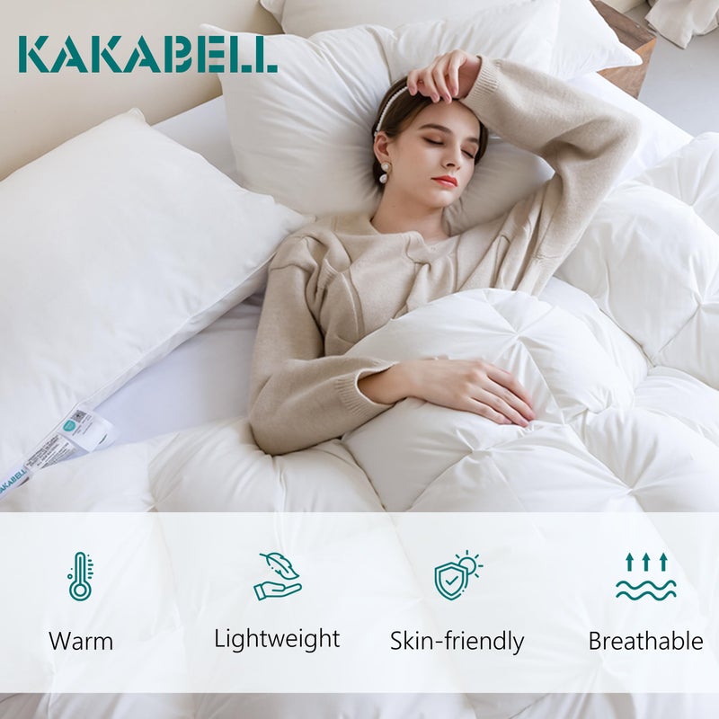 KAKABELL Pinch Pleat Goose Down Feathers Fiber Comforter Full/Queen Size All Season-Ultra Soft and Cozy Noiseless Duvet Insert with Egyptian Cotton Blend Cover,Fluffy Warm Comforter White,90"X90" - Image 2